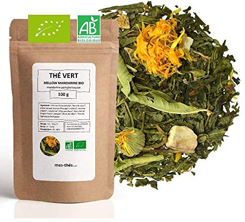 Thé Vert bio aromatisé Mandarine Pamplemousse - 100g (40 tasses) - Thé en vrac 100% agriculture biologique - Mes-Thés