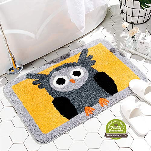Treer Badezimmermatte Weicher Saugfähig Badezimmerteppich, Mikrofaser Beflockung Badematten Antirutsch Badvorleger Duschteppich Waschbar Badteppich (60x90cm,Eule)