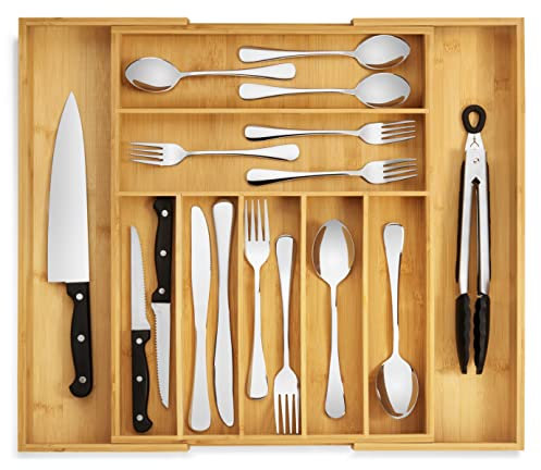 Purawood Rustic/Natural Bamboo Expandable Kitchen Drawer Organizer - 9 Slot Caddy with 9 Compartments (Natural)