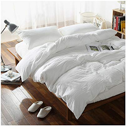 F.Y.Dreams Bettbezug aus 100% gewaschener Baumwolle, für gewichtete Decken, mit 8 Bändern, Reißverschluss an der Langen Seite, Weiß, nur Bettbezug, 152,4 x 203,2 cm