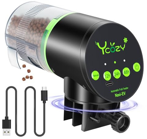Ycozy Futterautomat Aquarium mit Feuchtigkeitsdichter Abdeckung Fischfutter Automat mit Typ-C Ladekabel Super Einfache Einstellung für Aquarium Fischtank Navi-EV