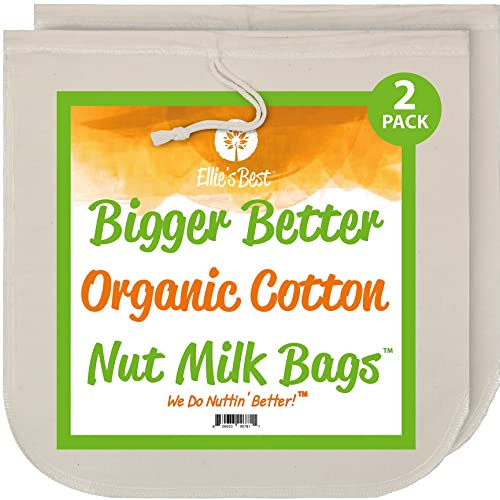 Pro Quality Organic Cotton Nut Milk Bag 2 Pack - 12X12 XL Bags - Heavy Duty Reusable All Purpose Food Strainer - Food Grade BPA-Free