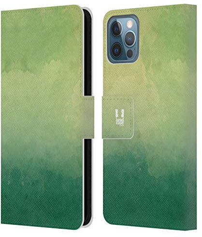 Head Case Designs Green Watercoloured Ombre Leather Wallet Case Compatible With Apple iPhone 12 / iPhone 12 Pro