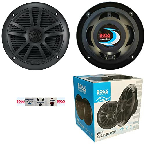 KIT SET PER BOSS AUDIO SYSTEMS MR6B 2 altoparlanti marini doppio cono 6,5 16,50 cm 165 mm 90 watt rms 180 watt max impermeabili neri, a coppia + 5 sticker omaggio
