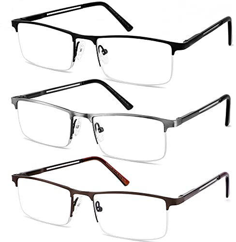 JJWELL 3 STÜCKE Lesebrille Herren Mit Blaulichtfilter, Blaulicht Herren Lesebrille, Rechteckige Halb Metall Lesebrillen Lesehilfe, Anti-Augenbelastung/UV, Anti-Blaulicht Brille Mit Sehstärke 2,75