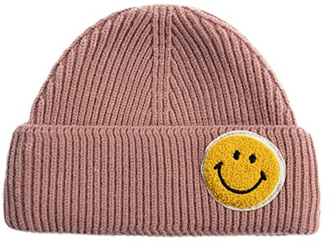 jnpemvq Smiley-Beanie-Mütze für Damen, bestickt, warm, gestrickt, mit Bündchen, dick, weich, rose, Einheitsgröße