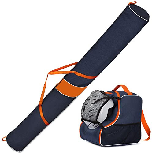 Ferocity Premium Set Skitasche und Skischuhtasche für 1 Paar Ski-Stöcke-Schuhe-Helm mit Abnehmbarer Netztasche Blau Orange [053]