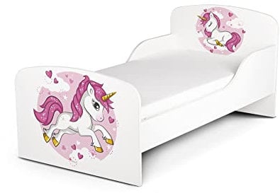 Leomark Funktionsbett aus Holz - Lovely Unicorn - Kinderbett mit Matratze, Seitenschutz Lattenrost, Liegefläche 70/140 cm, UV-Druck