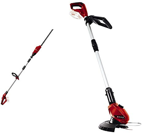 Einhell GE-HH 18/45 Li T Power X-Change 18V Cordless Long Reach Hedge Trimmer & GC-CT 18 Li Power X-Change 18V Cordless Strimmer | Battery Powered Garden Grass, Red/Black