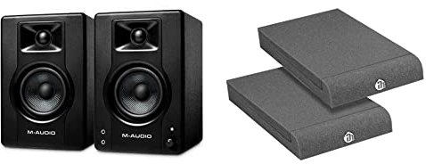 M-Audio BX4 Pair Par de Monitores de Estudio, Altavoces para PC de sobremesa de 120 W para Videojuegos + Adam Hall SPADECO1 Placas de absorción para monitores de Estudio, Color Gris