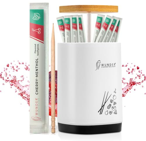 Wunder palillos de dientes con sabor - 100 palillos de dientes individualmente empacados + 1 dispensador de palillos de dientes - Aliento fresco (cereza-menta)
