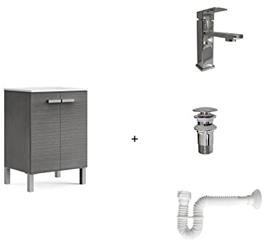 Baikal Komplett-Set bestehend aus Badezimmerschrank, Keramikwaschbecken, Wasserhahn, ausziehbarem Siphon und Ablaufventil. Montage-Möbel in einem. 2 Türen ohne Spiegel, 60 cm, Asche