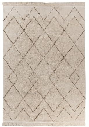 Qiyano Alena Boho Teppich Beige Creme Braun 200 x 290 cm, Flauschiger Hochflor Teppich aus Baumwolle, Wohnzimmer & Schlafzimmer, Strapazierfähig, Florhöhe ca. 15 mm