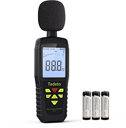 Dezibel Messgerät, Tadeto Schallpegelmesser Portable db Messgerät 30dB bis 130dB (5 Messbereich) Hintergrundbeleuchtung LCD-Display, MAX/MIN, akustische und visuelle Alarme, Data Hold, A/C-gewichtet