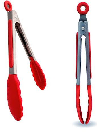 Pinzas Cocina de Silicona | Utensilios de Cocina para Freidora sin Aceite | Pinzas de Silicona y Metálicas con Mango Antideslizante y Cierre, para Barbacoa, Freidora de Aire, 21,5 cms. 2 unidades