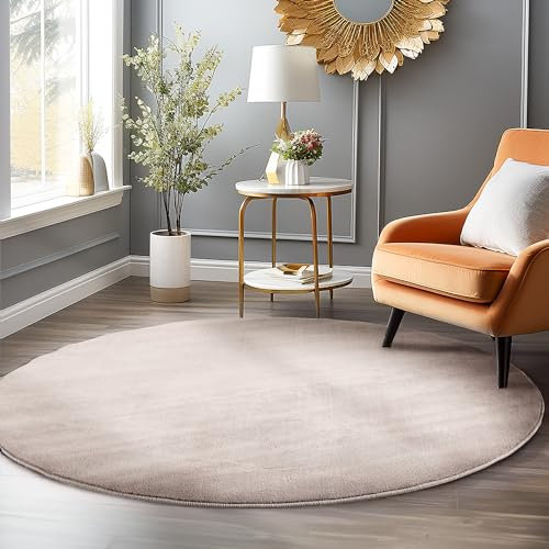 HomebyHome Kurzflor Teppich Wohnzimmer 160 cm Rund Beige - Waschbarer Teppich für Schlafzimmer, Esszimmer und Ideal als Küchenteppich - Flauschiger Teppich Extra Weich, Einfarbig, rutschfest, Modern