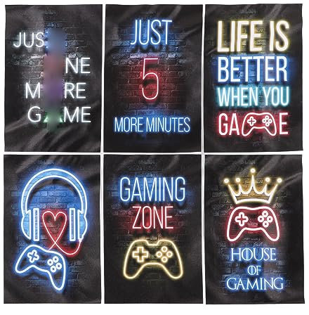 Printed Neon Gaming Posters, Set of 6 (8X 12) Canvas Wall Art for Boys Room Decor, Gaming Room Decor, Gamer, Teen Boy Bedroom, Inspirational Posters for Video Game Room, No Frame