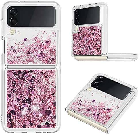 COTDINFOR Compatible avec Samsung Galaxy Z Flip 4 Coque Liquide Cover Paillette Étincelles Floating Antichoc Protective Silicone TPU Étui Housse pour Galaxy Z Flip 4 TPU Love Rose Gold YBWTLS.