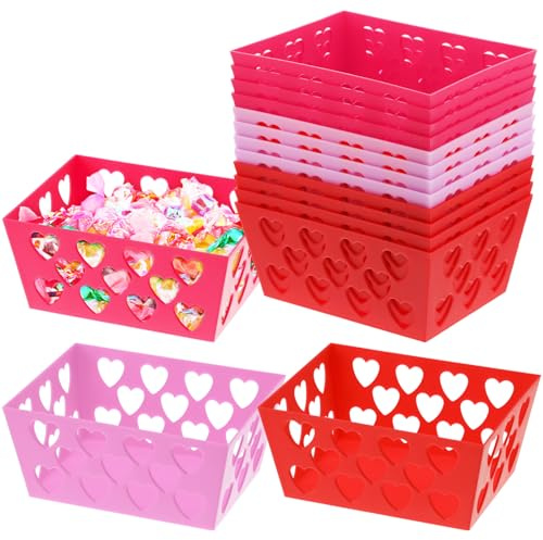 Menkxi Lot de 12 paniers en plastique en forme de cœur rose et rouge pour la Saint-Valentin, la maison, les fêtes, la cuisine, la Saint-Valentin