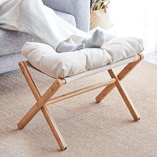 uyoyous Repose-pieds pliable avec pied en bambou - Tabouret en bois avec coussin rembourré amovible pour salon ou chambre à coucher - Beige