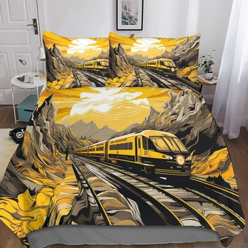 flapperons Bettwäsche-Set mit Zug-Motiv 3D-Digitaldruck Bettbezug für Jungen und Mädchen Bettwäsche Doppelbett (200 x 200 cm)