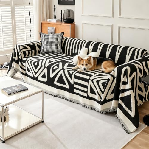 VanderHOME Chenille Sofa Überwurfdecke 2/3 Sitzer, Boho Doppelseitig Sofadecke mit Fransen, Verschleißfeste Dekorativ Decke, Kann als Sofa Cover, Sofa Überzug, Sofaschoner 180 * 230cm-Schwarz