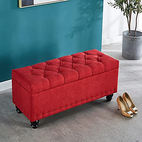 Rechteckige Aufbewahrungs-Ottomane-Bank, Leinen-Polsterbank, Sitzende der Bettbank mit Stauraum, Moderner Wohnzimmer-Fußhocker, Eingangsbereich, Schuhe, Wickelhocker, Rot, 100 x 40 x 45 cm (