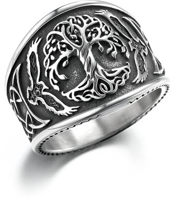 GTHIC Anelli vichinghi da uomo in acciaio inossidabile Albero della vita Anello con nodo celtico del corvo norvegese per le donne Anello con amuleto vintage regalo di gioielli, taglia 8