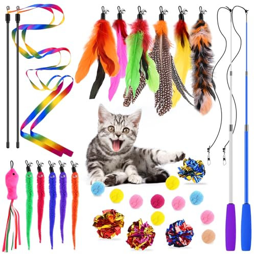Tophoniex Interaktives Katzenspielzeug Spielzeug mit Federn 33 Stück Spielzeug Katze mit 2 Skalierbar Stangen 14 Katzenangel Ersatzfedern mit Anhänger,2 Zauberstab Regenbogenspielzeug