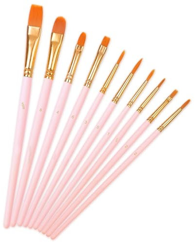 Paint Brushes Nylon,10 Pack Artist Paintbrushes with Oblique Head Painting Brushes Set for Watercolor Oil Acrylic Crafts Face Painting Pink
