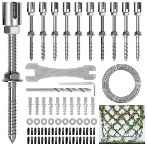 RiaYer 10 Sets Wandspalier-Kits System, Drahtspalier für Kletterpflanzen im Freien, Wanddraht-Spalier-Set mit 15 m x 0,3 cm Drahtseil, T316 Edelstahl, Spalier-Kabelspaliersystem, WT001