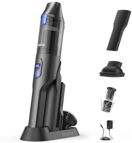 Bagotte Handheld Vacuum Cleaner, 20kPa Powerful Suction with Power Digital Display, Lightweight Hand Held Vacuuming Cordless, Charging Base, Crevice Tool & Brush Tool for Car