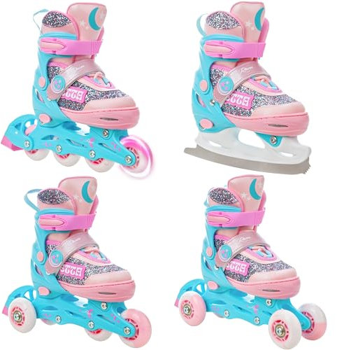 RAVEN 4in1 Inline Skates Triskates Rollschuhe Schlittschuhe Inliner für Kinder Mädchen verstellbar (Etta Blue/Pink, 27-30 (16,5cm-18,5cm))