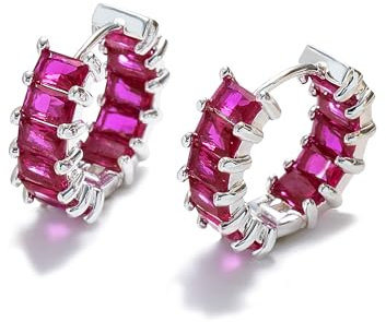 Mesovor Silver Cubic Zirconia Hoop Earrings for Women Girls, Silver Plated Huggie Hoops Earrings Jewelry for Party Prom (Dark Rose Red)