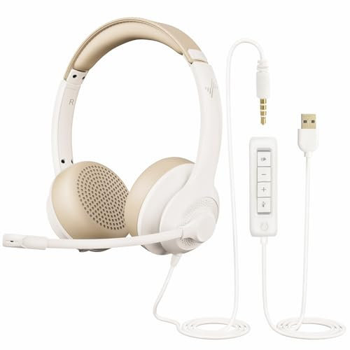 EAGLEND USB Headset with Mic for PC, On-Ear Computer Laptop Headphones with Noise Cancelling Microphone in-line Control for Home Office Online Class Skype Zoom-White