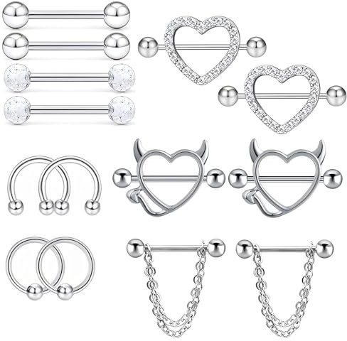 14PCS Brustwarzenstäbe Nippel-Piercing-Schmuck Nippel Ringe Brustwarzenstäbe aus Chirurgenstahl Brücke Piercing-Schmuck Nippelkette baumelnd Kristall Herz Nippel Ring Barbell Body Piercing-Schmuck