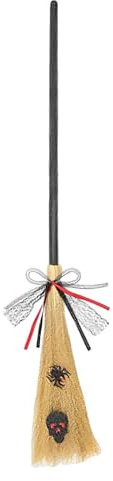 Escoba de bruja de Halloween, escoba de bruja grande de 112 cm con cintas, escoba de bruja espeluznante con mango desmontable, accesorio de disfraz de fiesta de Halloween