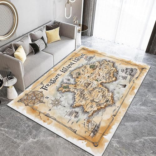 Wohnzimmer Teppich Lila Outdoor Teppich Flur Schlafzimmer Handgezeichnete Schatzkarte Globus Kompass Teppich Küche Modern Kinderzimmer Flauschig Rutschfest Teppich Waschbarer Teppich 60 x 90 cm