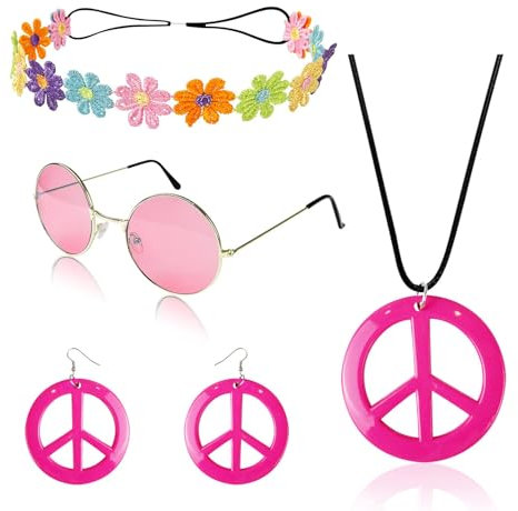 Hippie Kostüm Accessoires,4 Stück Hippie Accessoires,Hippie Kostüm Zubehör,Hippie Kostüm Set mit Sonnenbrille Friedenszeichen Halskette Ohrringe Stirnband,Hippie Schmuck für Party Fasching Karneval