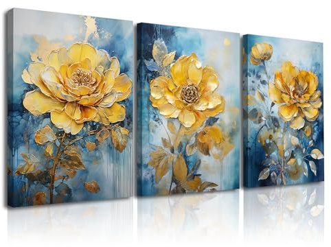 Piy Painting Gemälde auf Leinwand, Blumendruck Wandbild Kunstdrucke, Blau Goldenes Leinwandbild, Großformatige Wandbilder Für Schlafzimmer Wohnzimmer Eingang Flur Café, Set von 3, 58X40 cm