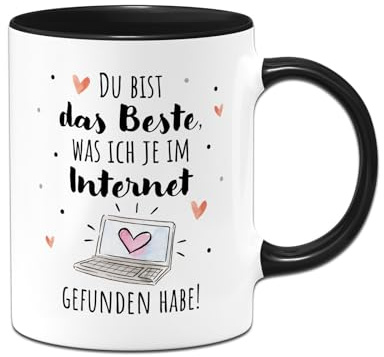 Tassenbrennerei Tasse - Du bist das Beste, was ich je im Internet gefunden habe - Kaffeetasse lustig mit Spruch Ich liebe Dich - Geschenk Freundin, Freund zum Valentinstag, Jahrestag (Schwarz)