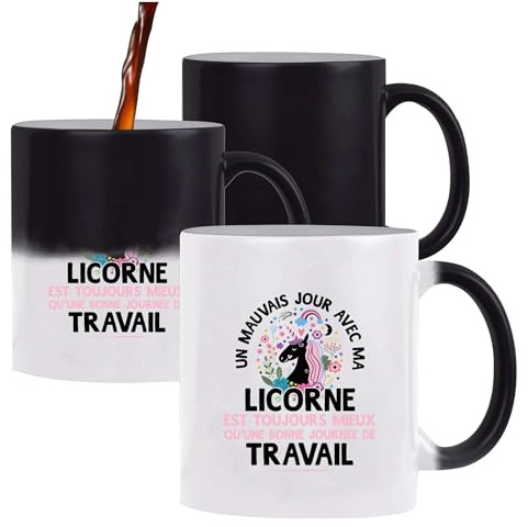 Otshirt Tasse Magique Un Mauvais Jour avec ma Licorne | Mug qui change couleur avec la chaleur | Idée Cadeau Humour Drôle Marrant Original Anniversaire Fête