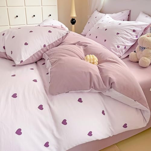 Freyamy Housse de Couette 240x260cm+2 Taie d'oreiller 65x65cm Coeur Imprimé Violet Parure de lit 2 Personnes Adulte Motif du Cœur Sets de Housse Couette en Microfibre avec Fermeture Éclair