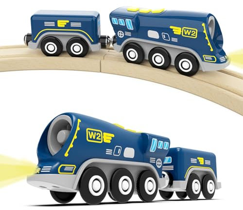 DxxD Trenino Elettrico per Bambini, Locomotiva ad Azione a Batteria con Suono e luce, Trenino Legno Giocattolo, Treno compatibile con Thomas, Brio, Auto Giocattolo Regali per Ragazze Ragazzi 3+ Anni
