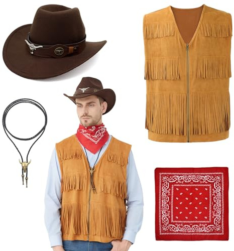 Hislovy Cowboy Kostüm Herren, Western Cowboy Outfit mit Hut Bandana Halskette für Wild West Hippie Party,Khaki,S