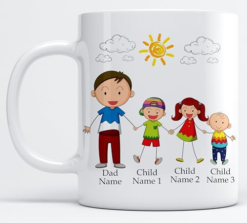 EKAM Personalised Family Mug - Gifts for dad, Fathers Day, Birthday Gifts Presents for Dad Daddy Grandad from Daughter Son Gift for Fathers Day - 11oz Ceramic White Tea Mug Custom with Names