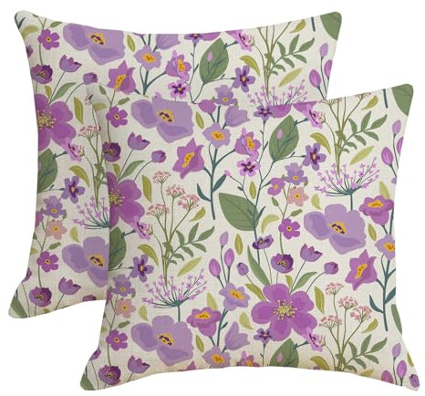HOSTECCO Waterproof Flowers Cushion Covers 45x45 cm Set of 2 Purple Floral Cushion Cases Farmhouse Decorative Pillow Covers for Patio Summer Decoration