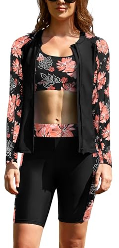 SHEKINI Womens 3 Piece Long Sleeve Rash Guard UPF50+ Zip | Zip Front, Long Sleeve Swimwear, Removable Pads Sport Bra, Boyshorts with Pockets, 4-way Stretch Quick Dry Swimming Costume