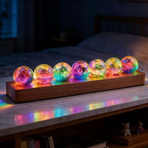 3D Kristallkugel Nachtlicht, Led Kugel, 7 Stück Bunte Glaskristallkugeln mit LED-Holzsockel, 40mm Glas Kugel Planeten Lampe Dekorative Bunte Kristallkugel für Nachtlicht Ornamente Astronomie Geschenke