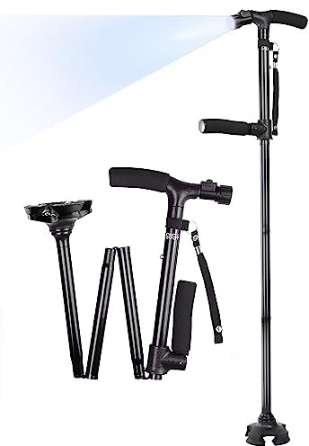 SUEH DESIGN Klappbarer Gehstock mit LED-Licht für Männer und Frauen, 5 Höhenverstellbarer Gehstock für Ältere Menschen mit Seitlichem Griff, Schwarz
